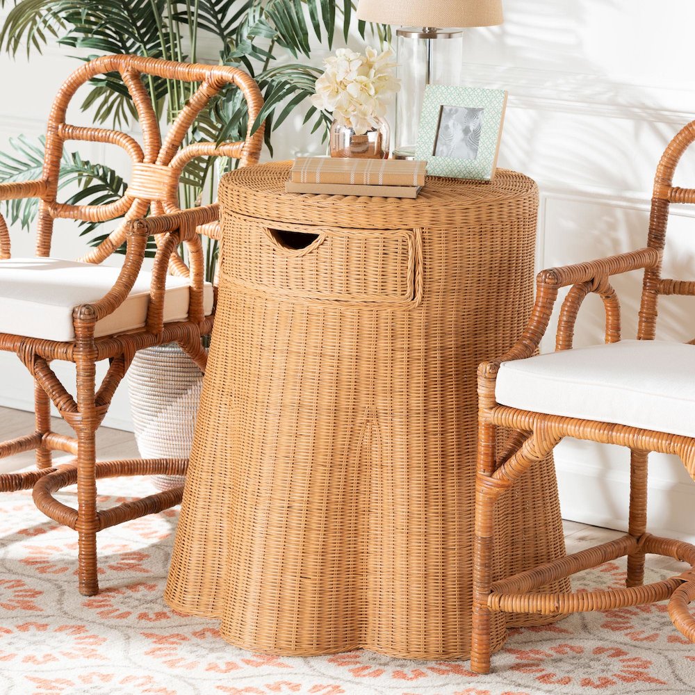 Scalloped Natural Rattan Console Table with Drawer, Round