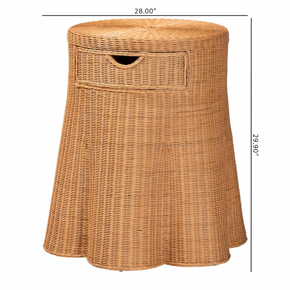 Scalloped Natural Rattan Console Table with Drawer, Round