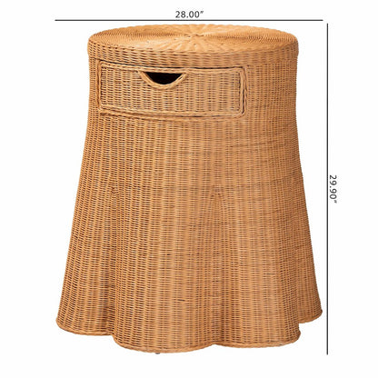 Scalloped Natural Rattan Console Table with Drawer, Round