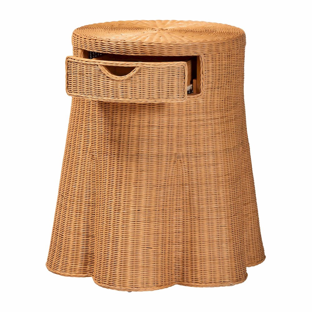 Scalloped Natural Rattan Console Table with Drawer, Round