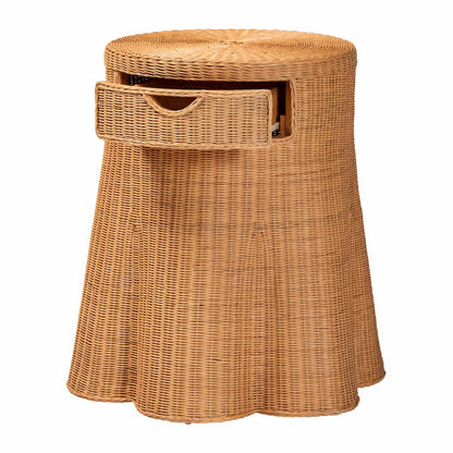 Scalloped Natural Rattan Console Table with Drawer, Round