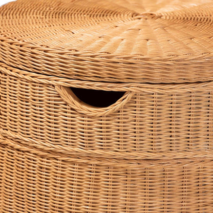 Scalloped Natural Rattan Console Table with Drawer, Round