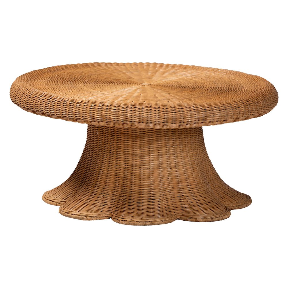 Natural Rattan Round Coffee Table with Scalloped Pedestal Base