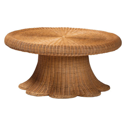Natural Rattan Round Coffee Table with Scalloped Pedestal Base