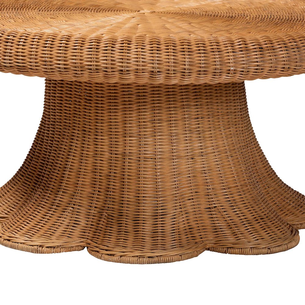 Natural Rattan Round Coffee Table with Scalloped Pedestal Base