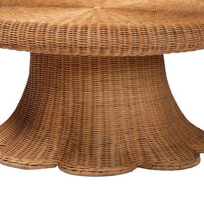 Natural Rattan Round Coffee Table with Scalloped Pedestal Base