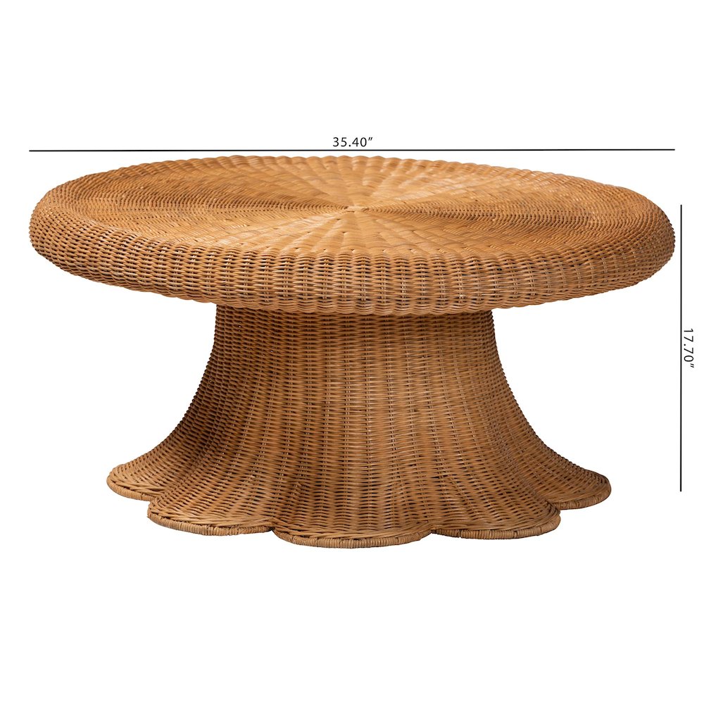 Natural Rattan Round Coffee Table with Scalloped Pedestal Base
