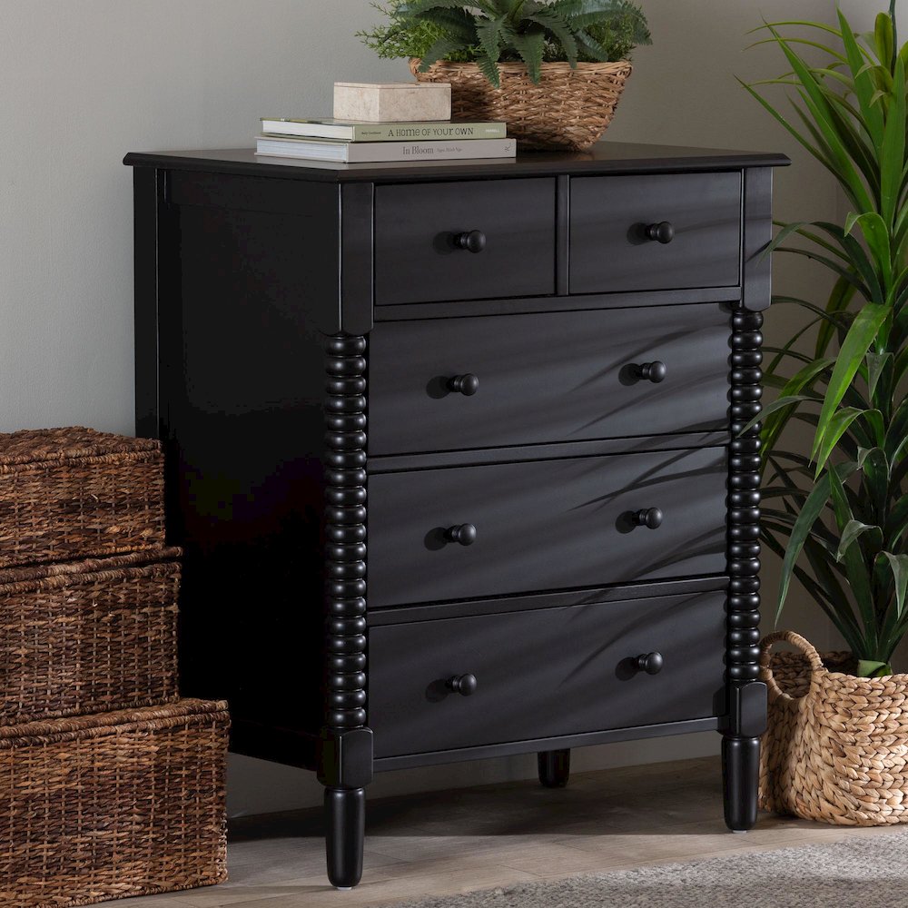 Braith Farmhouse Black Spindle Wood 5-Drawer Chest
