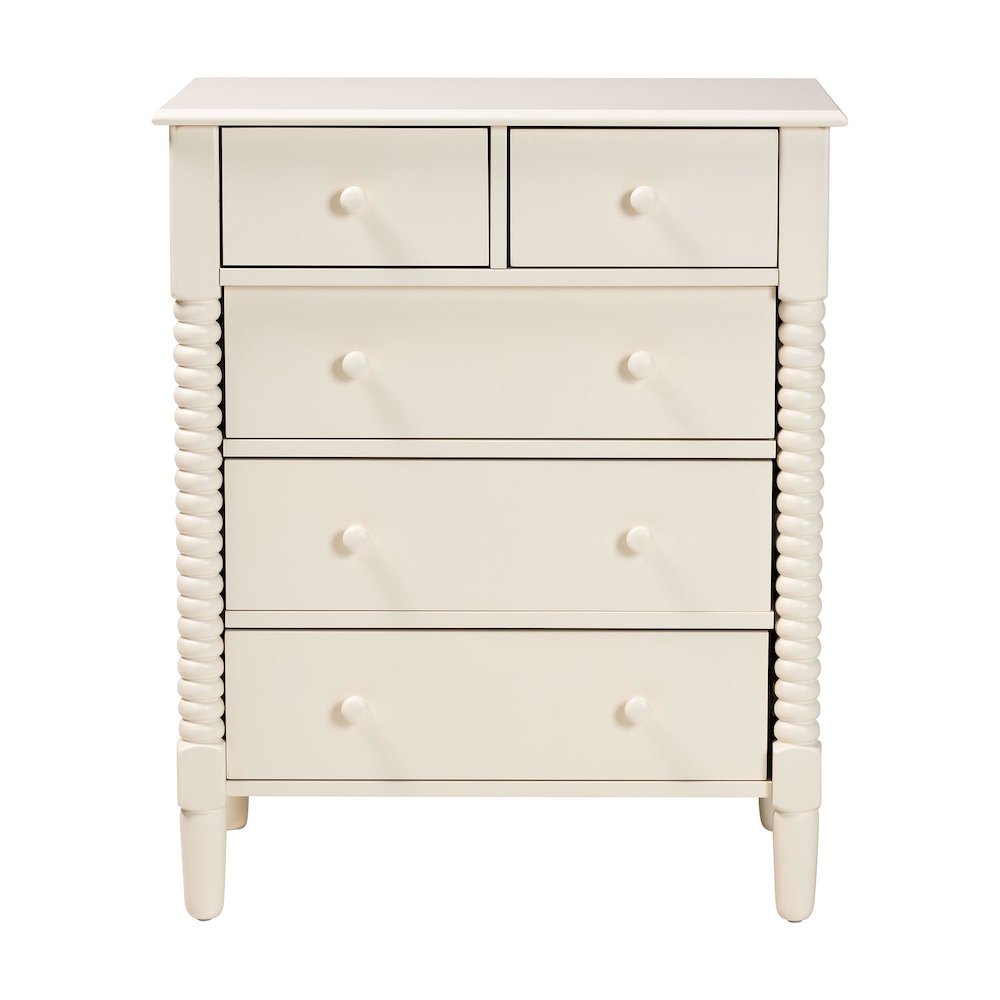 Braith Farmhouse Ivory Spindle Wood 5-Drawer Chest