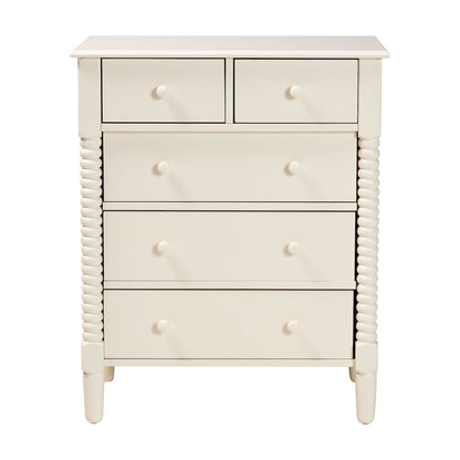 Braith Farmhouse Ivory Spindle Wood 5-Drawer Chest