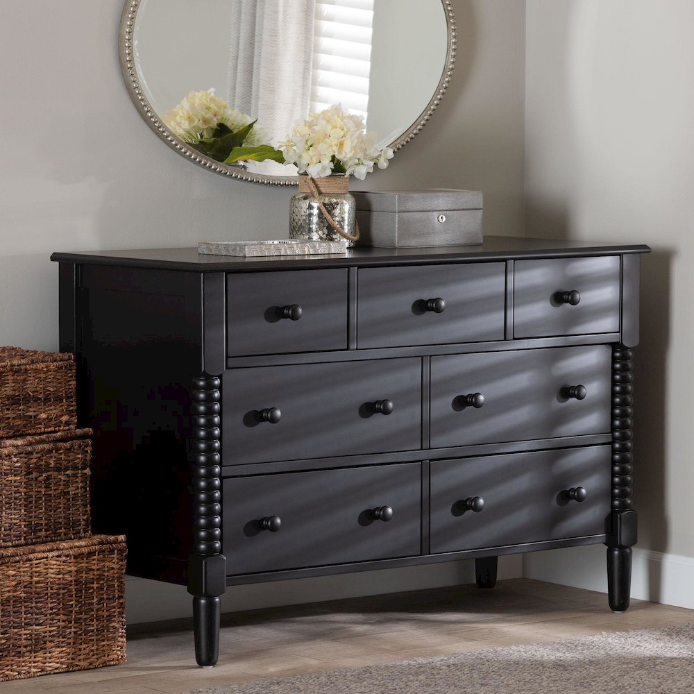 Braith Farmhouse Black Spindle Wood 7-Drawer Dresser