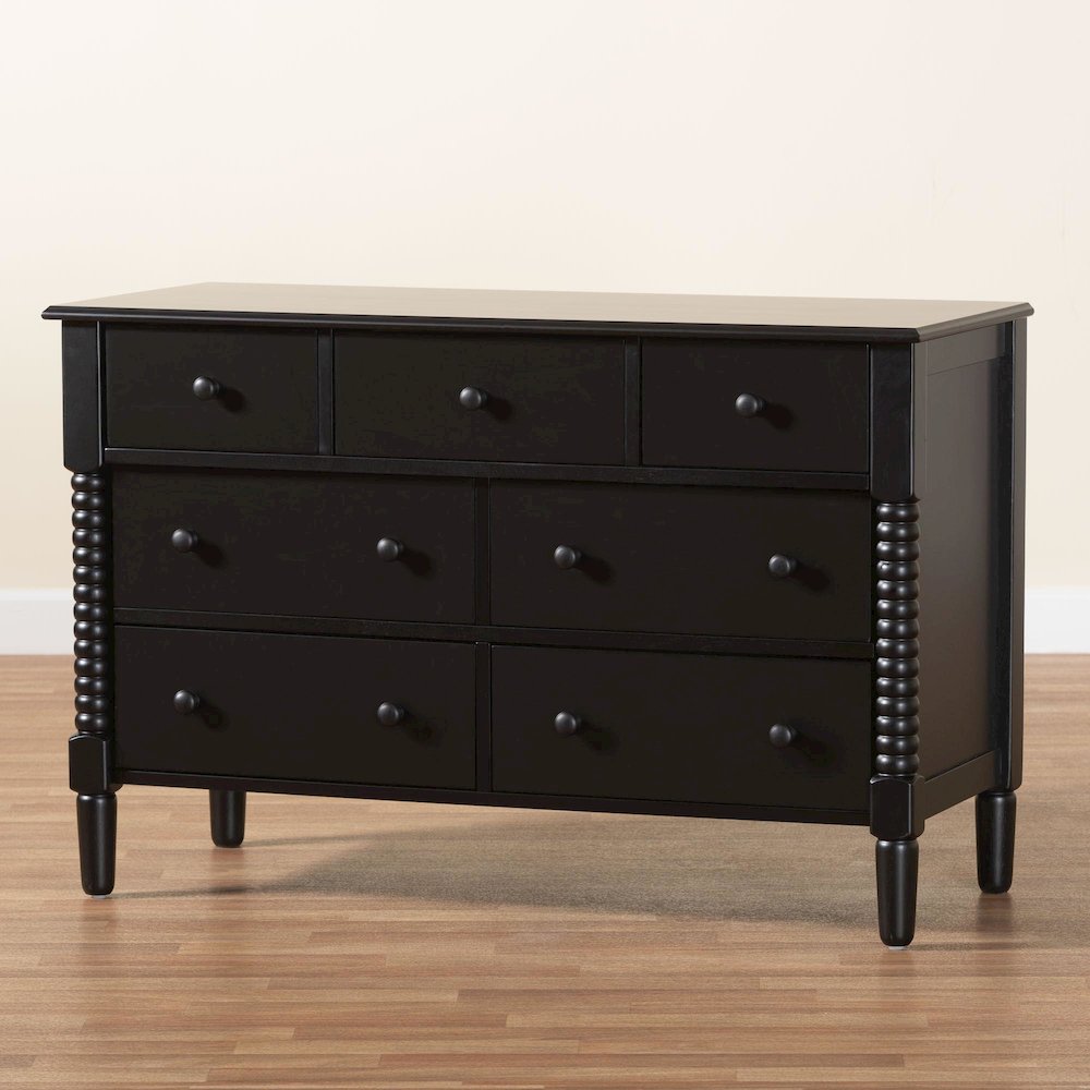 Braith Farmhouse Black Spindle Wood 7-Drawer Dresser