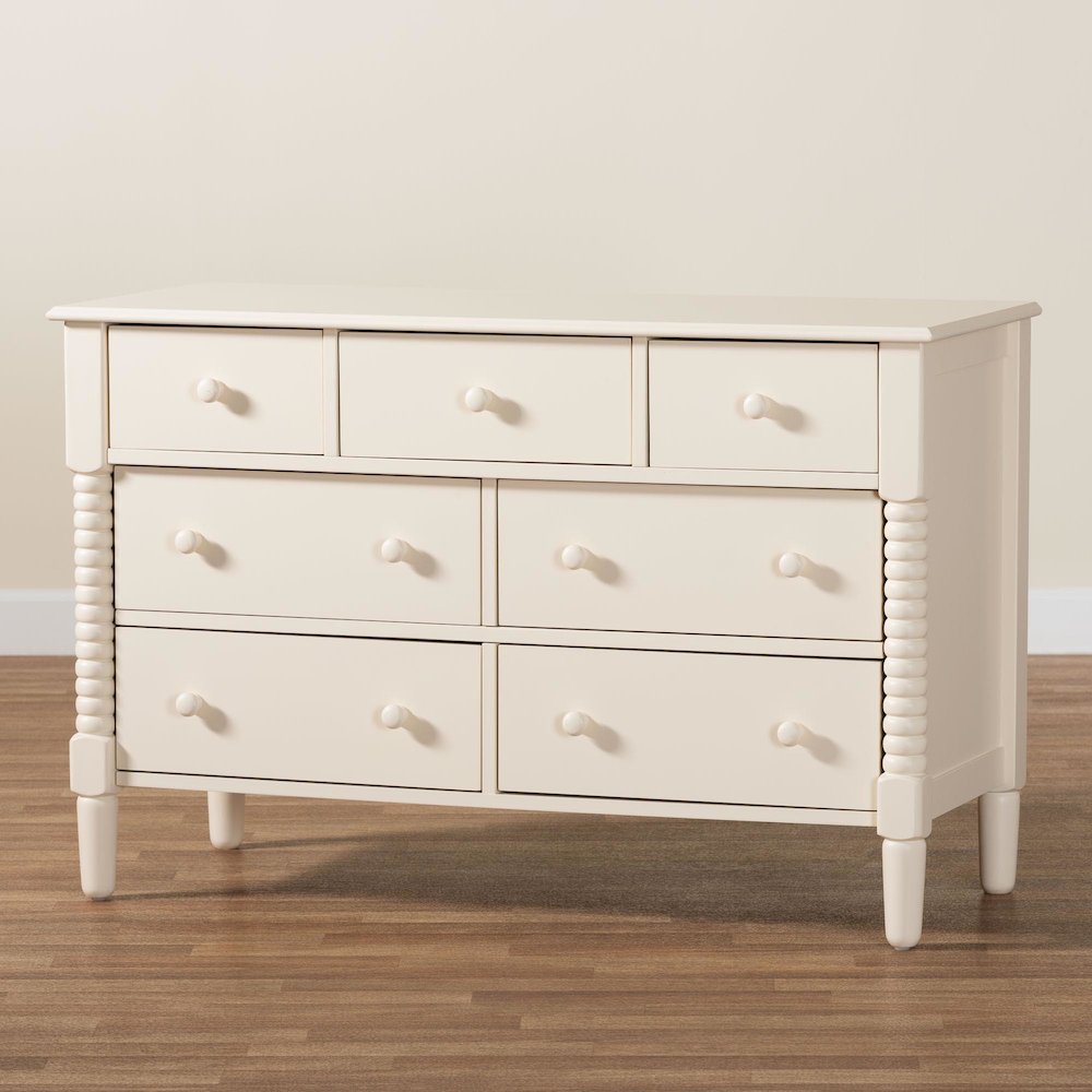 Braith Farmhouse Ivory Spindle Wood 7-Drawer Dresser