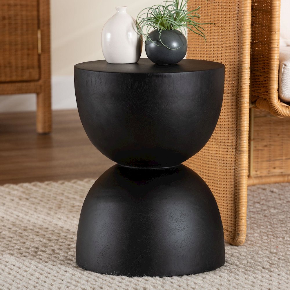 Wood Side Table - Hand-Carved Sculptural End Table with Hourglass Design