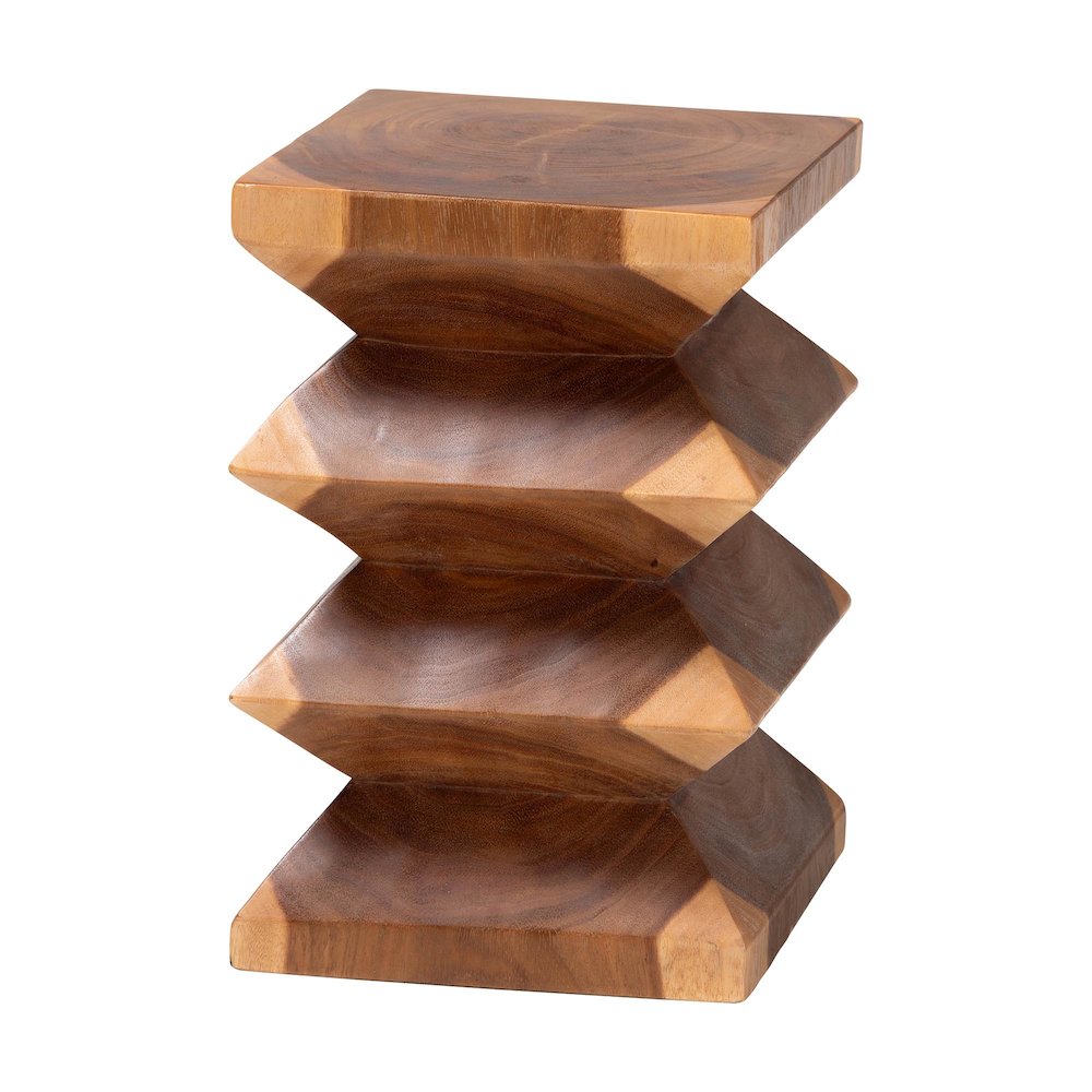 Solid Suar Wood Side Table - Hand-Carved Sculptural End Table with Zigzag Design