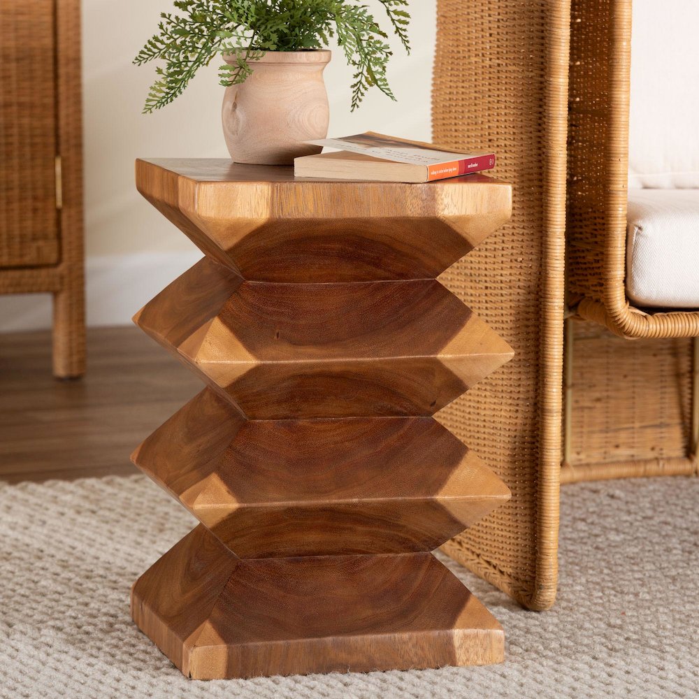 Solid Suar Wood Side Table - Hand-Carved Sculptural End Table with Zigzag Design