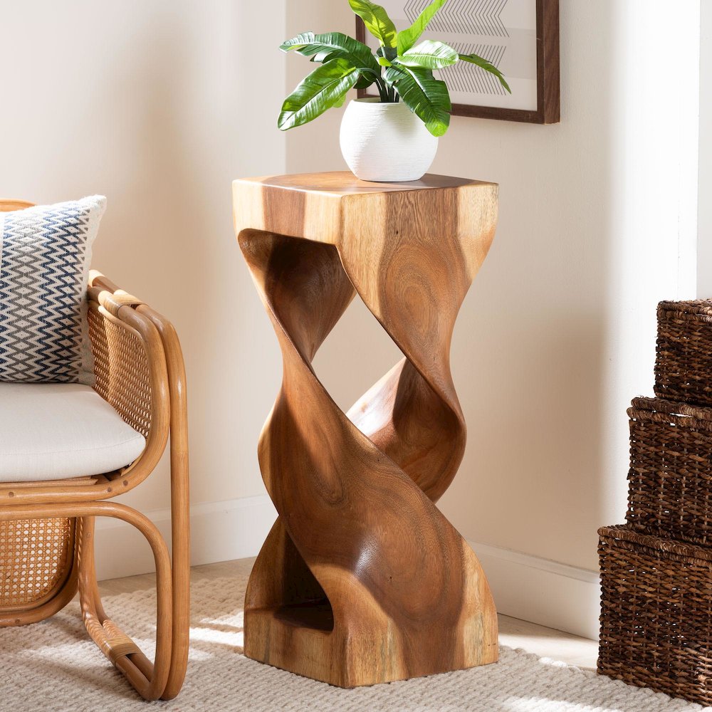 Rapha Suar Wood Accent Table - Hand-Carved Sculptural Pedestal Stand