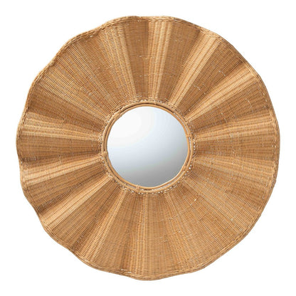 Palm Scalloped Rattan Wall Mirror - Handwoven Wicker Round Accent Mirror