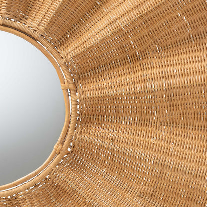 Palm Scalloped Rattan Wall Mirror - Handwoven Wicker Round Accent Mirror