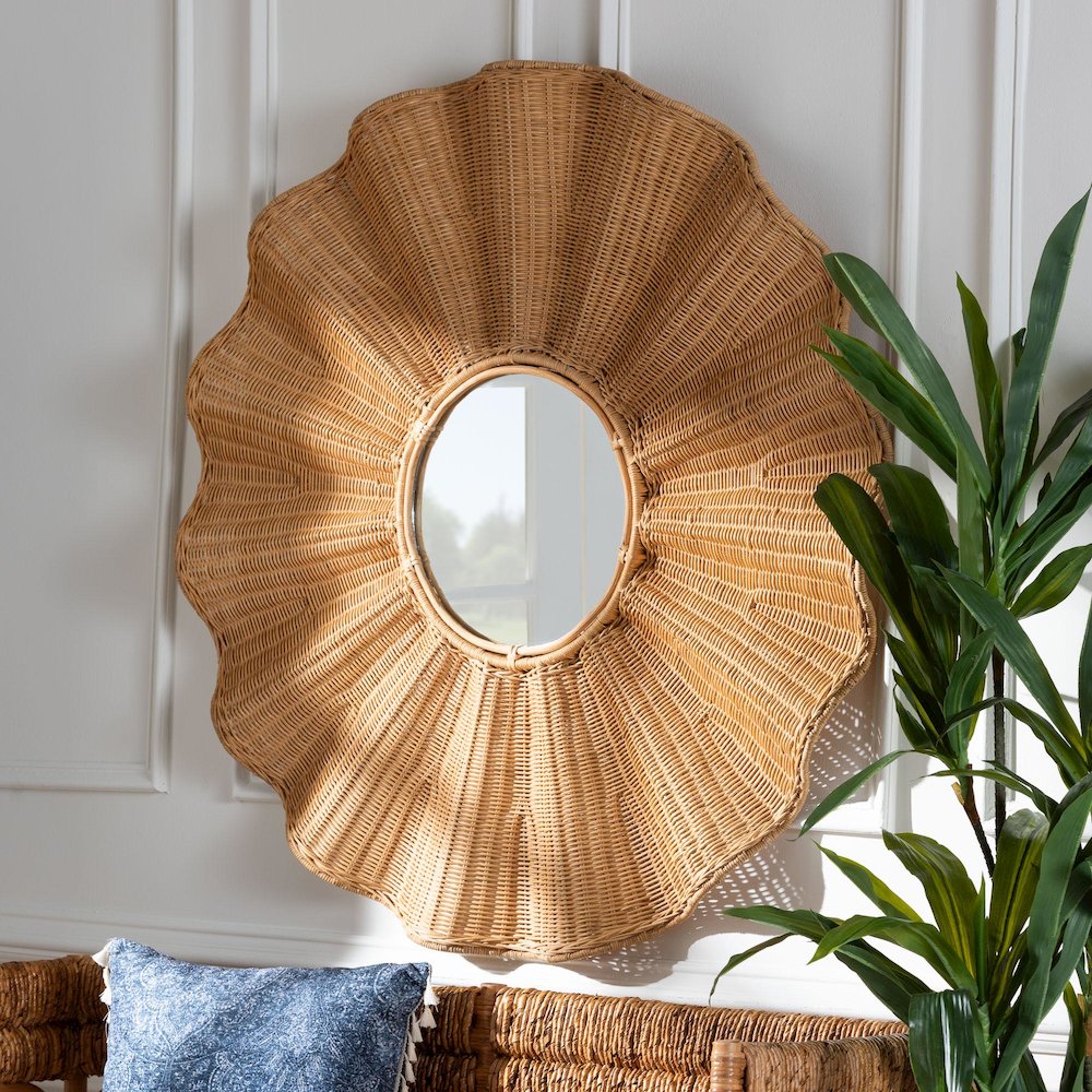 Palm Scalloped Rattan Wall Mirror - Handwoven Wicker Round Accent Mirror