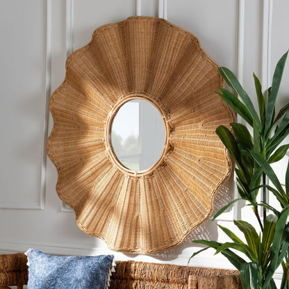 Palm Scalloped Rattan Wall Mirror - Handwoven Wicker Round Accent Mirror
