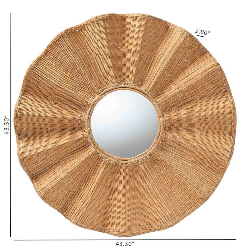 Palm Scalloped Rattan Wall Mirror - Handwoven Wicker Round Accent Mirror