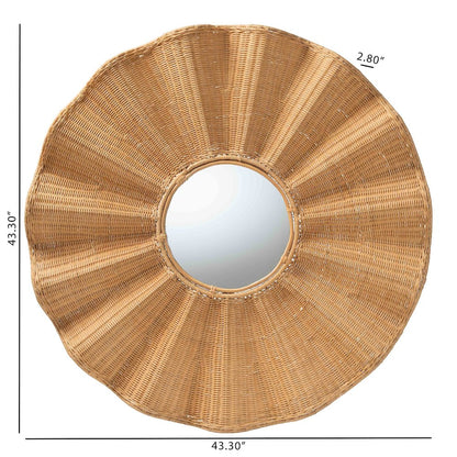 Palm Scalloped Rattan Wall Mirror - Handwoven Wicker Round Accent Mirror