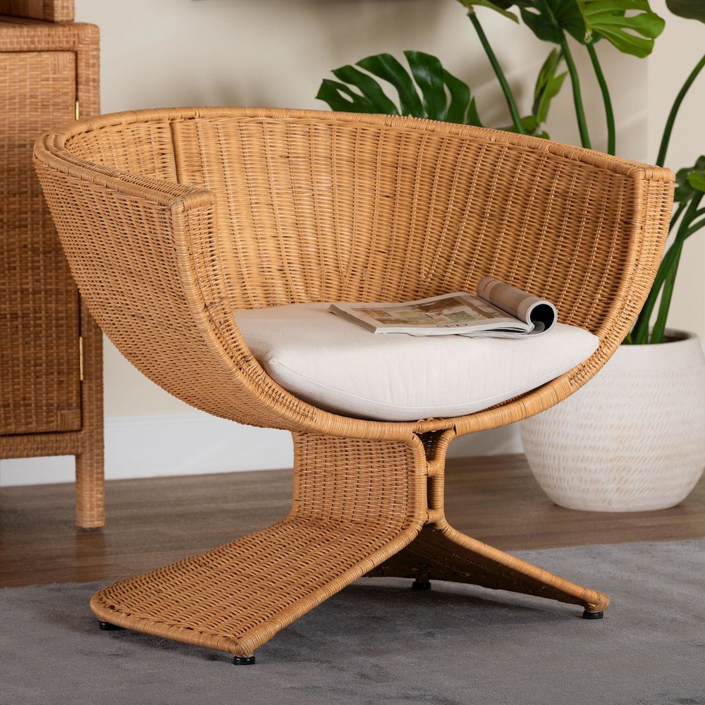 Natural Rattan Lounge Chair - Handwoven Wicker Accent Seating