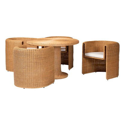 5-Piece Round Rattan Dining Set - Wicker Pedestal Table and 4 Barrel Chairs