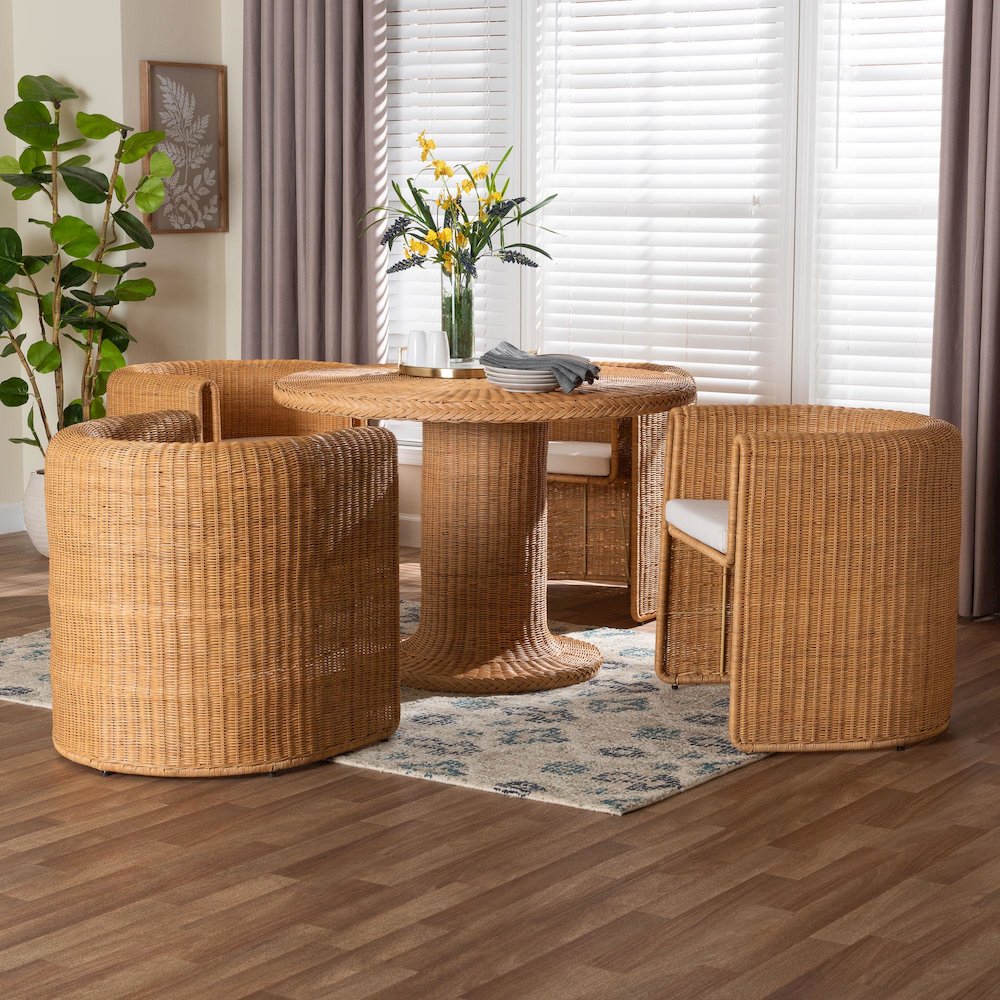 5-Piece Round Rattan Dining Set - Wicker Pedestal Table and 4 Barrel Chairs