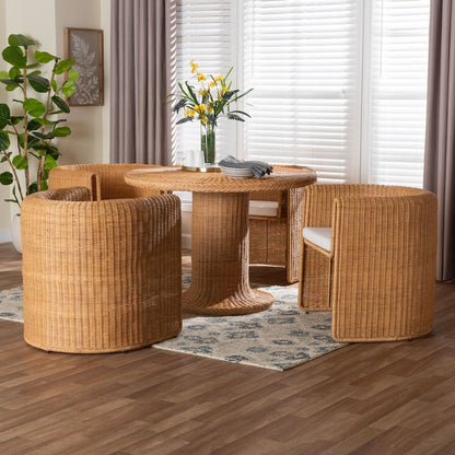 5-Piece Round Rattan Dining Set - Wicker Pedestal Table and 4 Barrel Chairs