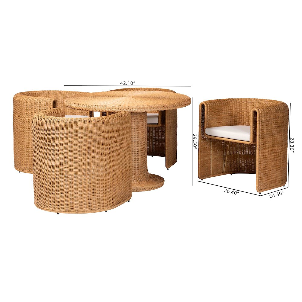 5-Piece Round Rattan Dining Set - Wicker Pedestal Table and 4 Barrel Chairs