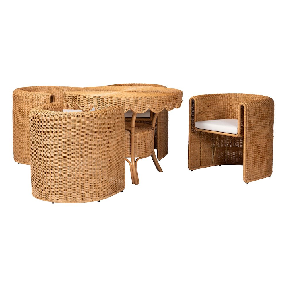 5-Piece Round Rattan Dining Set - Handwoven Wicker Table and 4 Barrel Chairs