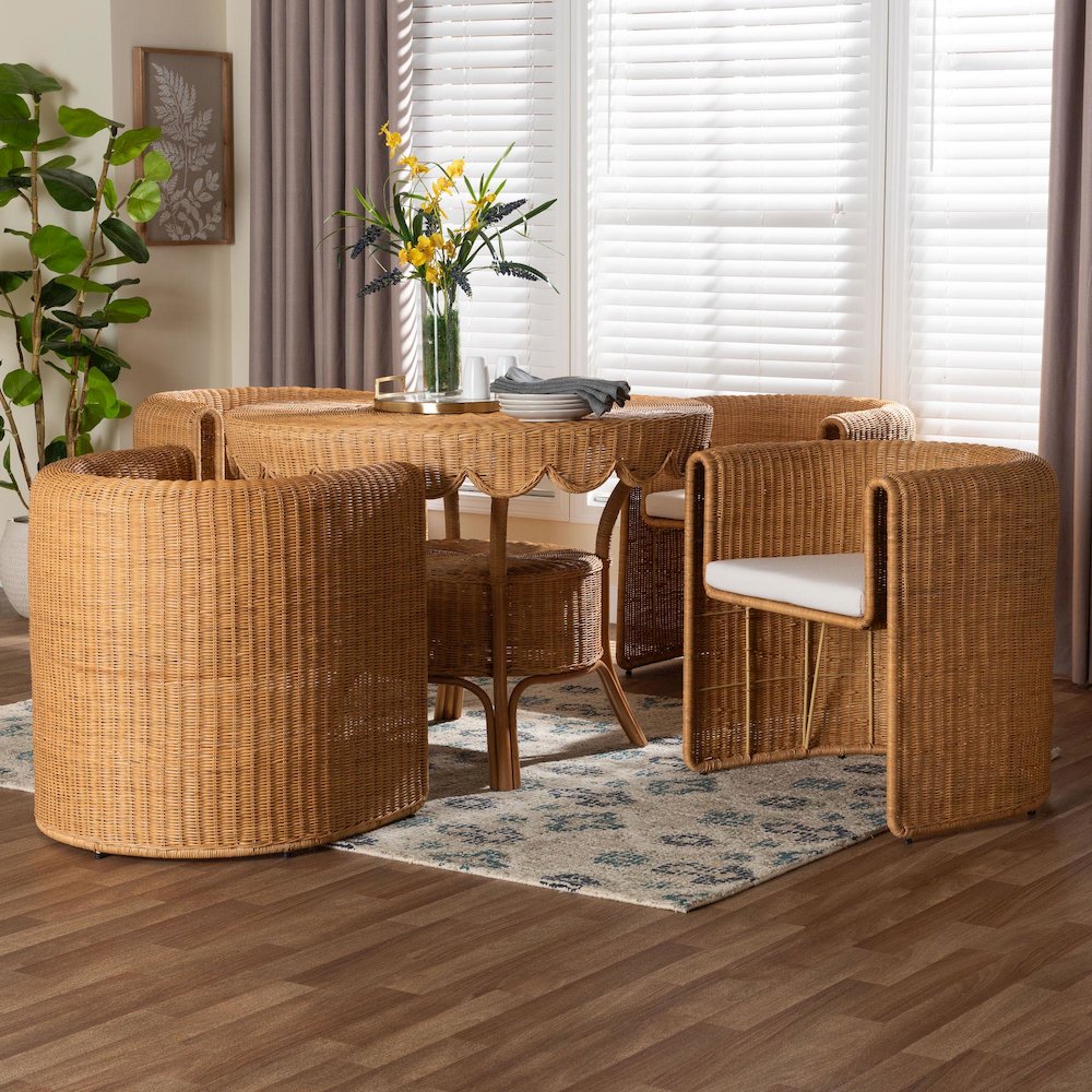 5-Piece Round Rattan Dining Set - Handwoven Wicker Table and 4 Barrel Chairs
