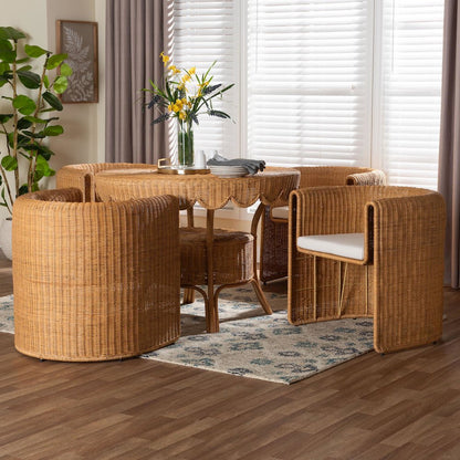 5-Piece Round Rattan Dining Set - Handwoven Wicker Table and 4 Barrel Chairs