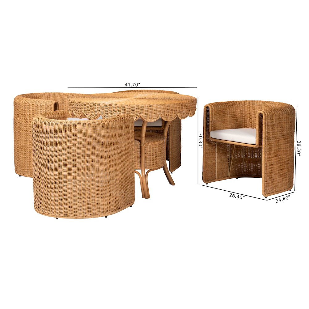 5-Piece Round Rattan Dining Set - Handwoven Wicker Table and 4 Barrel Chairs