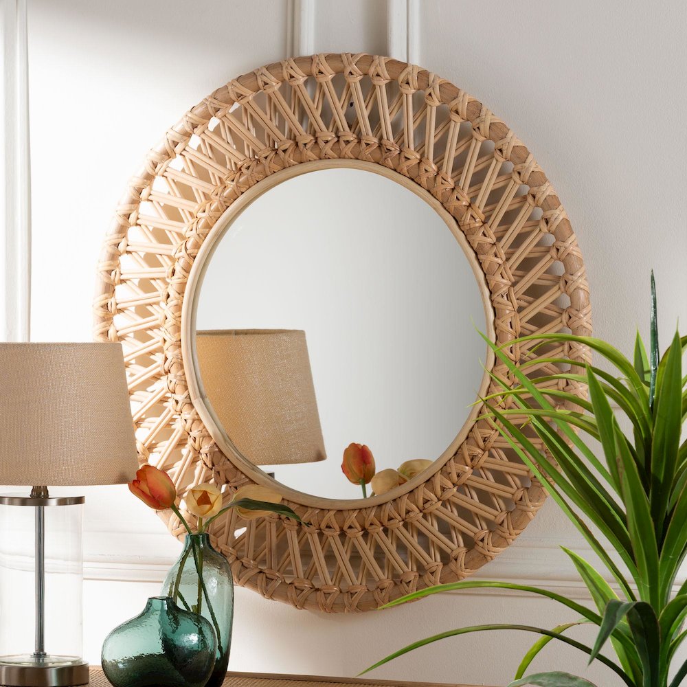 Burris Natural Rattan Wall Mirror - Handwoven Wicker Round Frame