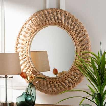 Burris Natural Rattan Wall Mirror - Handwoven Wicker Round Frame