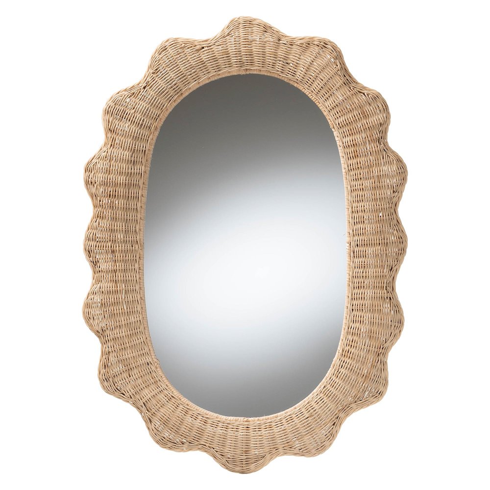 Makoto Scalloped Natural Rattan Wall Mirror - Handwoven Wicker Oval Frame