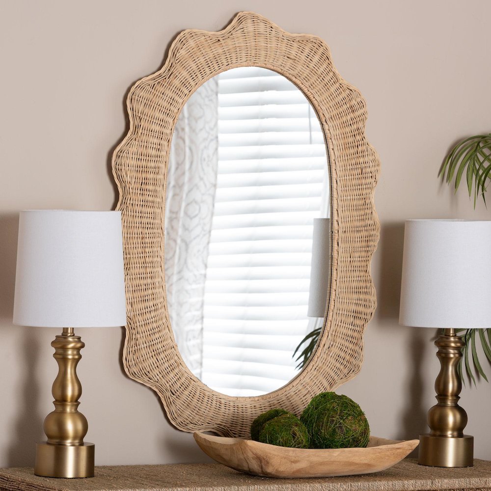 Makoto Scalloped Natural Rattan Wall Mirror - Handwoven Wicker Oval Frame