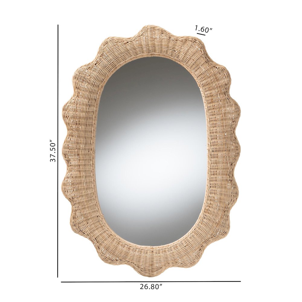 Makoto Scalloped Natural Rattan Wall Mirror - Handwoven Wicker Oval Frame