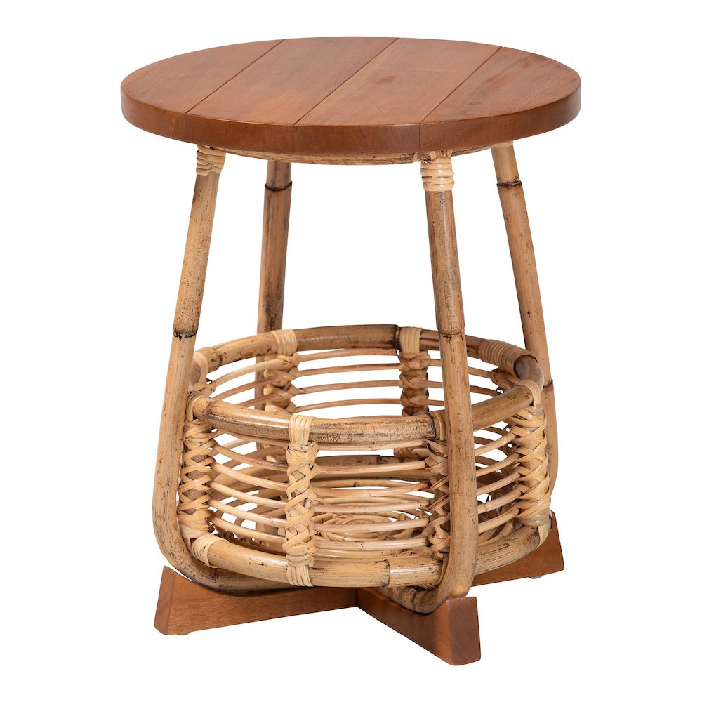 Derenik Natural Rattan and Mahogany Wood End Table - Boho Accent Side Table