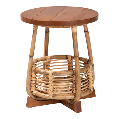 Derenik Natural Rattan and Mahogany Wood End Table - Boho Accent Side Table