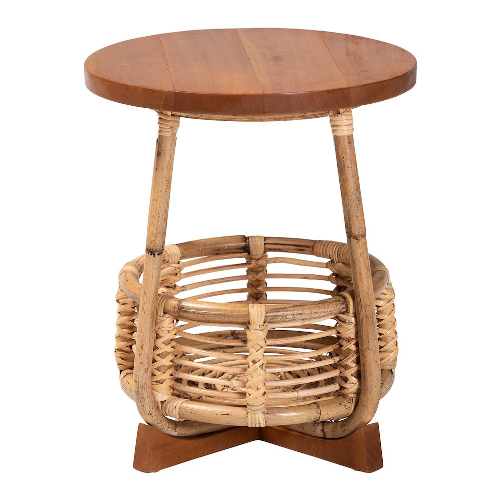 Derenik Natural Rattan and Mahogany Wood End Table - Boho Accent Side Table