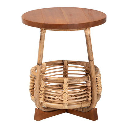 Derenik Natural Rattan and Mahogany Wood End Table - Boho Accent Side Table