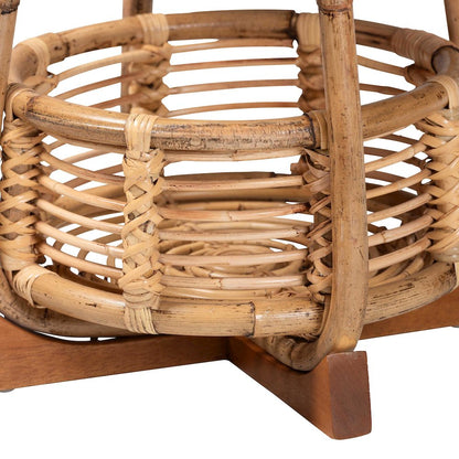 Derenik Natural Rattan and Mahogany Wood End Table - Boho Accent Side Table