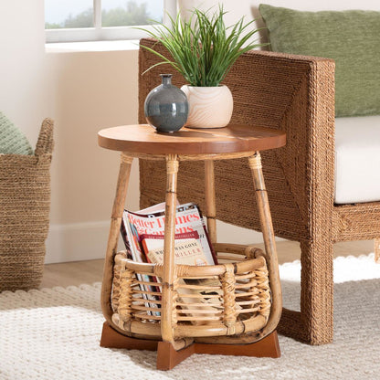 Derenik Natural Rattan and Mahogany Wood End Table - Boho Accent Side Table