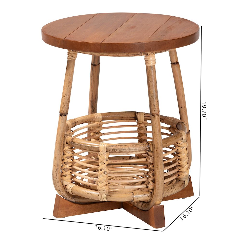 Derenik Natural Rattan and Mahogany Wood End Table - Boho Accent Side Table