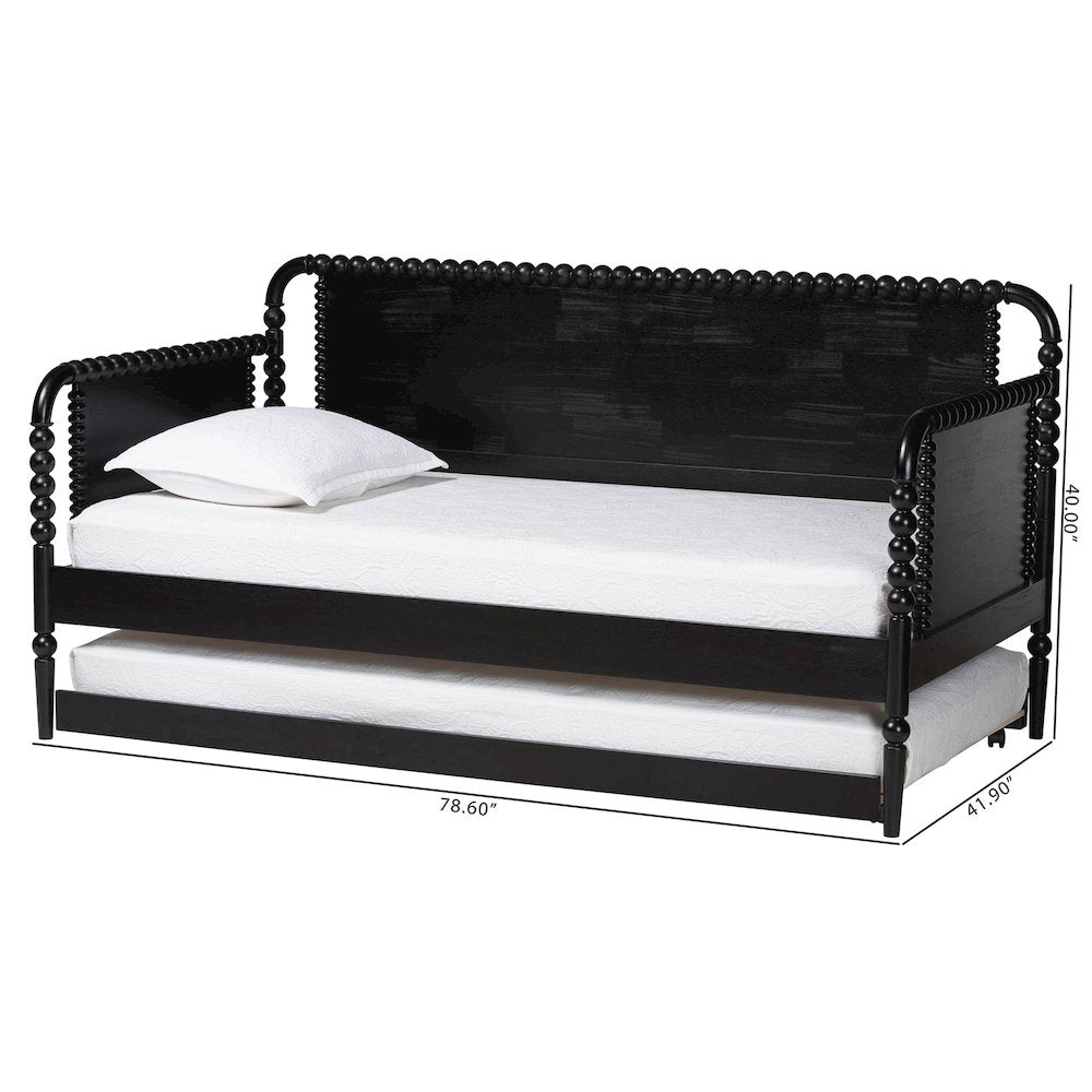 Daybed with Rolling Trundle - Wooden Bed Frame, Twin, Black
