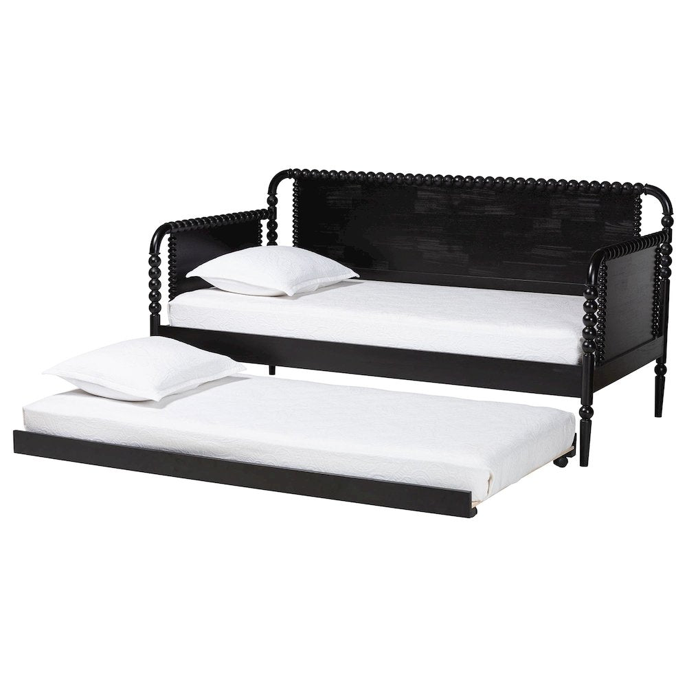 Daybed with Rolling Trundle - Wooden Bed Frame, Twin, Black